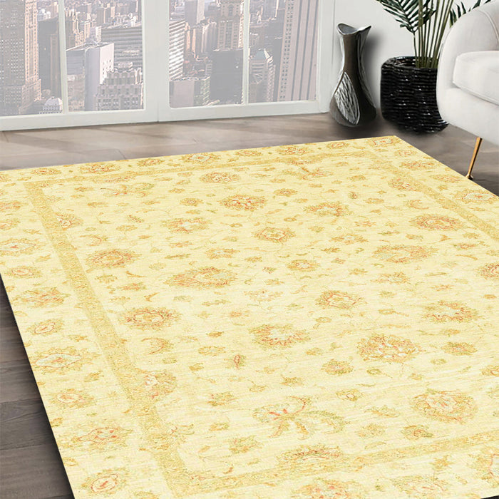 Abstract Sun Yellow Oriental Rug in Family Room, abs3474