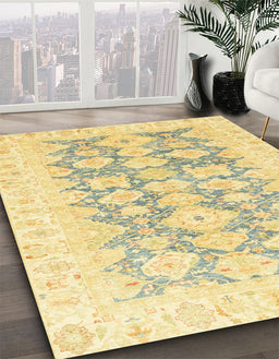 Abstract Mustard Yellow Oriental Rug in Family Room, abs3475