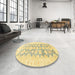 Round Machine Washable Abstract Mustard Yellow Rug in a Office, wshabs3475