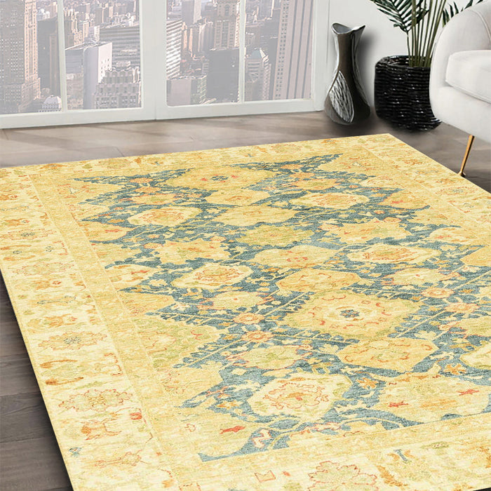Abstract Mustard Yellow Oriental Rug in Family Room, abs3475
