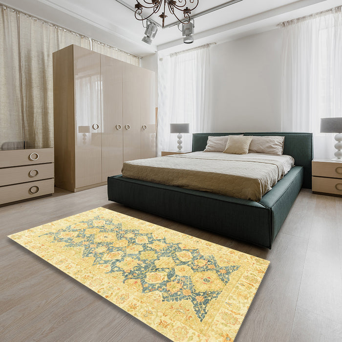 Machine Washable Abstract Mustard Yellow Rug in a Bedroom, wshabs3475