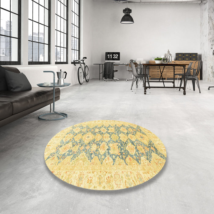 Round Abstract Mustard Yellow Oriental Rug in a Office, abs3475
