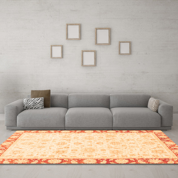 Machine Washable Abstract Orange Modern Area Rugs in a Living Room, wshabs3476org