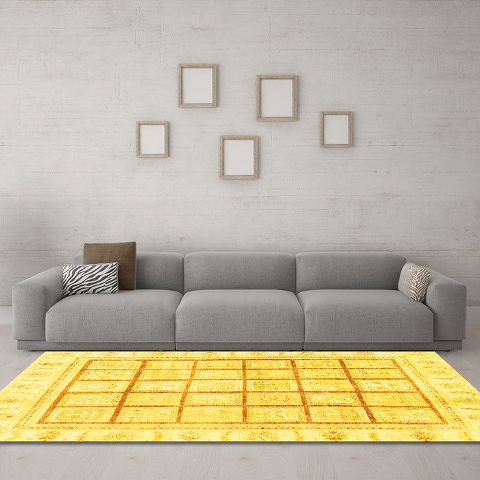 Machine Washable Abstract Yellow Modern Rug in a Living Room, wshabs3477yw