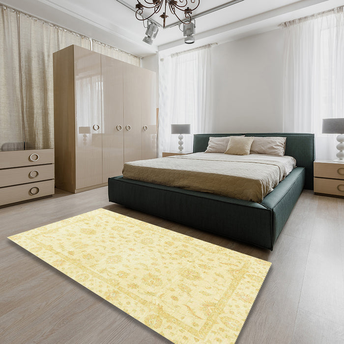 Abstract Mustard Yellow Oriental Rug in a Bedroom, abs3478