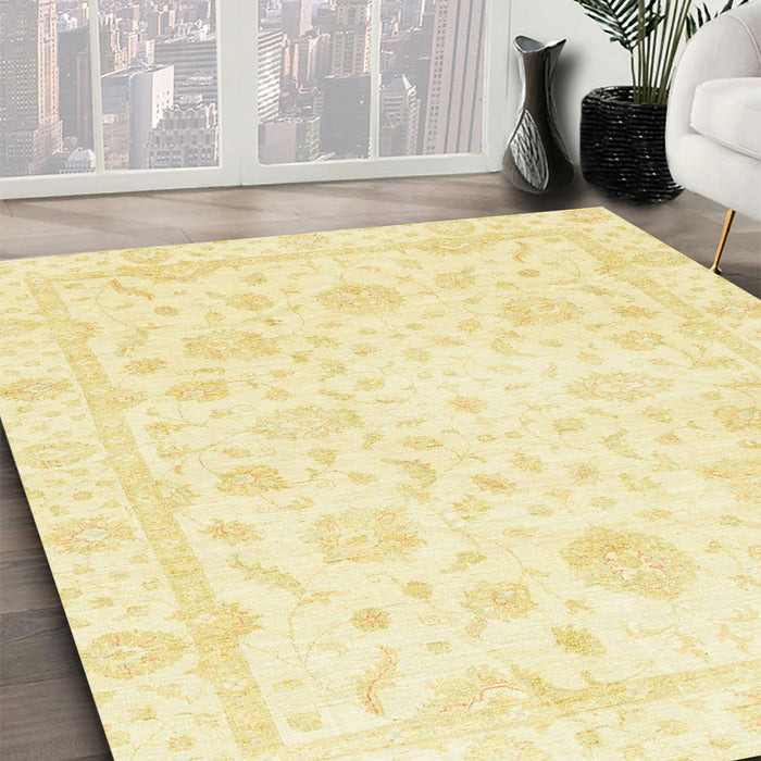 Abstract Mustard Yellow Oriental Rug in Family Room, abs3478