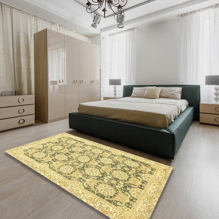 Abstract Mustard Yellow Oriental Rug in a Bedroom, abs3482