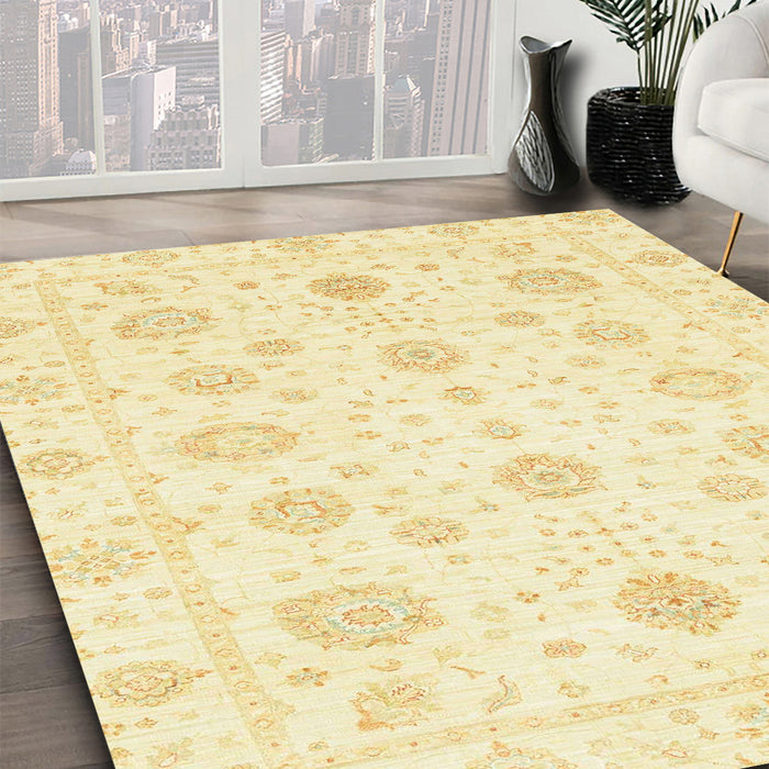 Abstract Mustard Yellow Oriental Rug in Family Room, abs3483