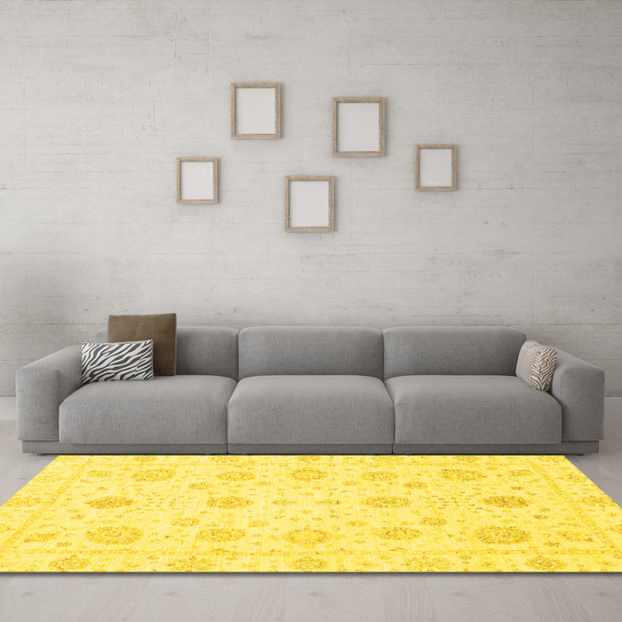 Machine Washable Oriental Yellow Traditional Rug in a Living Room, wshabs3483yw