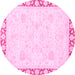 Round Machine Washable Abstract Pink Modern Rug, wshabs3487pnk