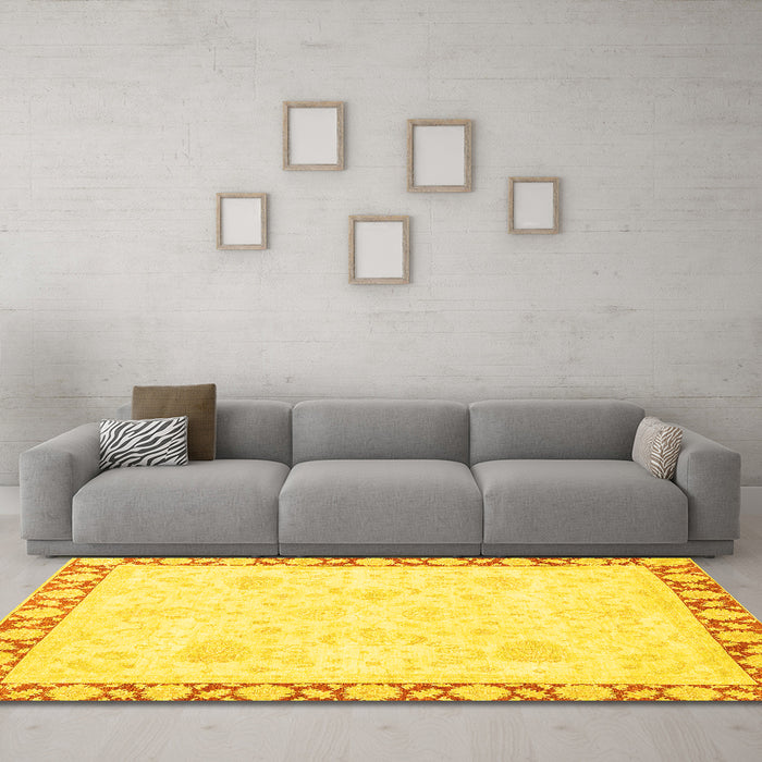 Machine Washable Abstract Yellow Modern Rug in a Living Room, wshabs3487yw