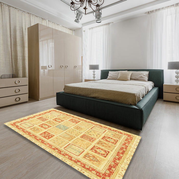 Abstract Mustard Yellow Modern Rug in a Bedroom, abs3488