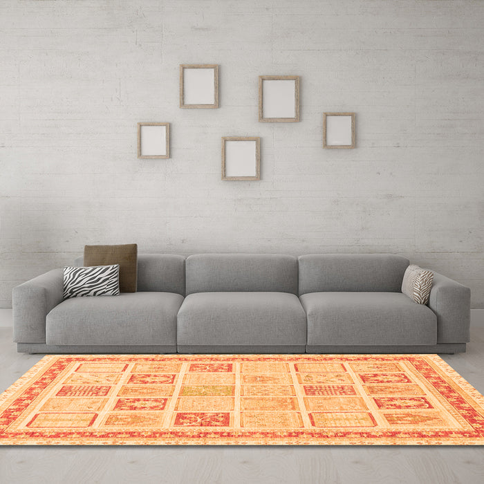 Machine Washable Abstract Orange Modern Area Rugs in a Living Room, wshabs3488org