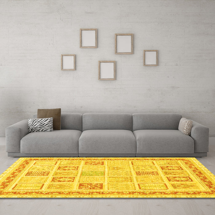 Machine Washable Abstract Yellow Modern Rug in a Living Room, wshabs3488yw
