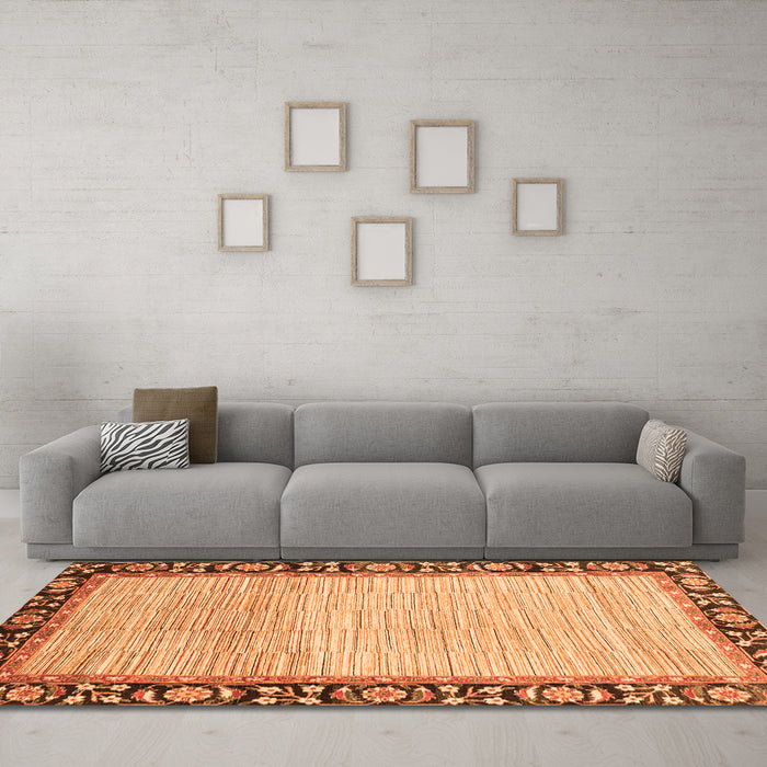 Machine Washable Abstract Orange Modern Area Rugs in a Living Room, wshabs3489org