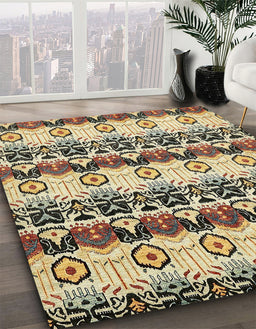 Abstract Brown Gold Modern Rug in Family Room, abs348