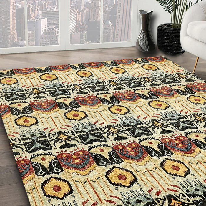 Abstract Brown Gold Modern Rug in Family Room, abs348