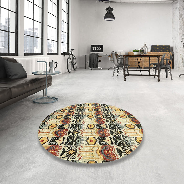 Round Abstract Brown Gold Modern Rug in a Office, abs348