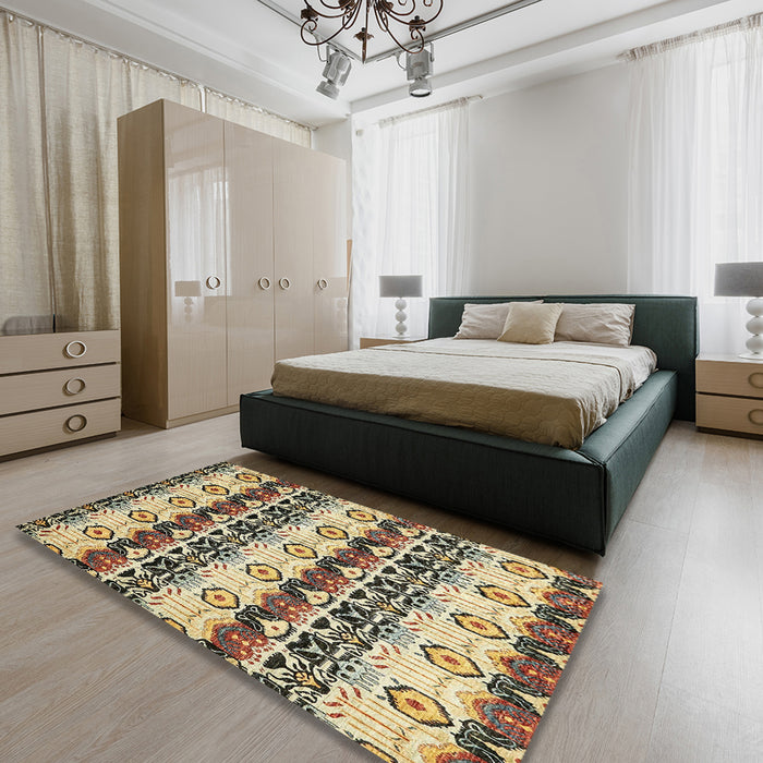 Machine Washable Abstract Brown Gold Rug in a Bedroom, wshabs348