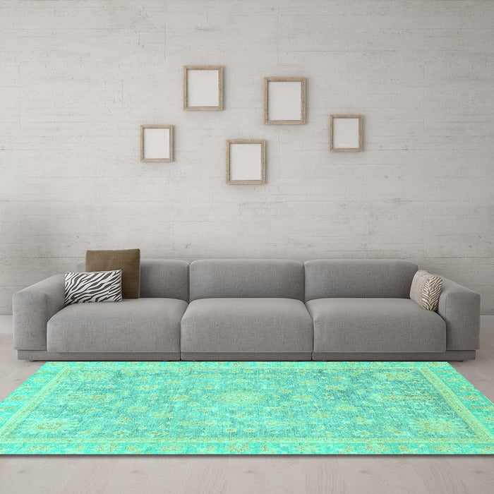 Machine Washable Oriental Turquoise Traditional Area Rugs in a Living Room,, wshabs3492turq