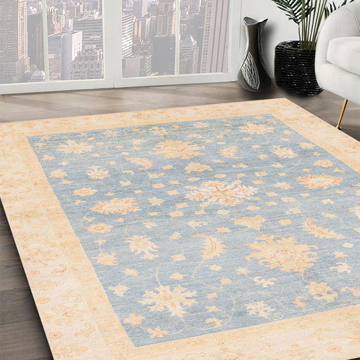 Abstract Wheat Beige Oriental Rug in Family Room, abs3493