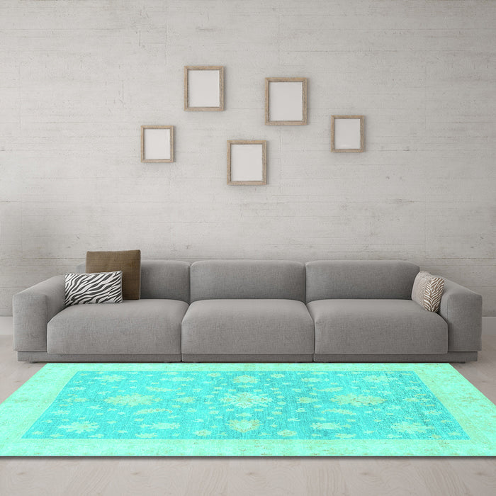 Machine Washable Oriental Turquoise Traditional Area Rugs in a Living Room,, wshabs3493turq