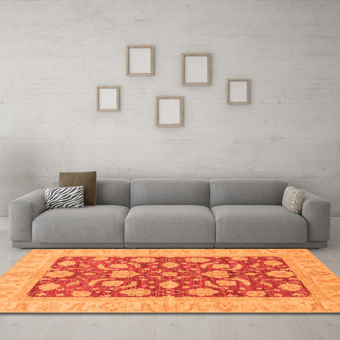 Machine Washable Abstract Orange Modern Area Rugs in a Living Room, wshabs3494org