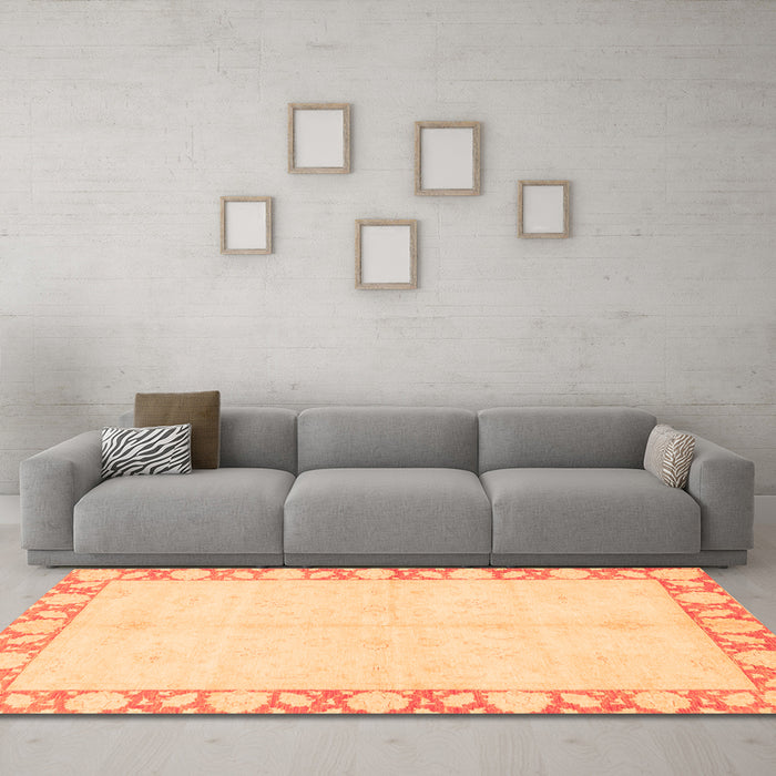 Machine Washable Abstract Orange Modern Area Rugs in a Living Room, wshabs3495org