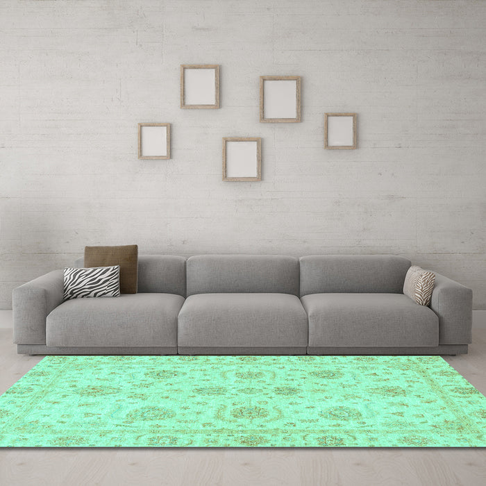 Machine Washable Oriental Turquoise Traditional Area Rugs in a Living Room,, wshabs3498turq