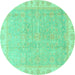 Round Machine Washable Oriental Turquoise Traditional Area Rugs, wshabs3500turq