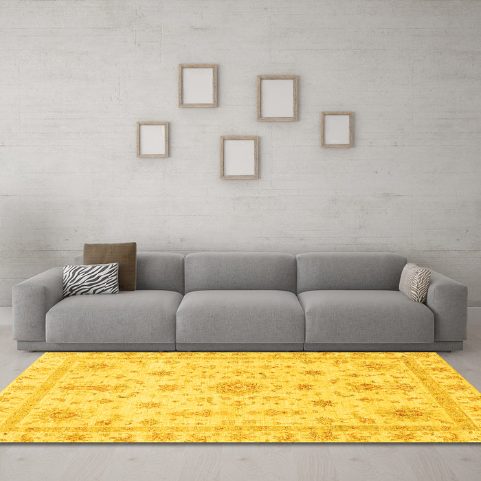 Machine Washable Oriental Yellow Traditional Rug in a Living Room, wshabs3501yw