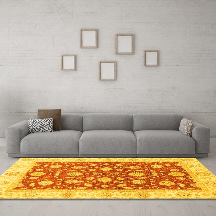 Machine Washable Oriental Yellow Traditional Rug in a Living Room, wshabs3504yw