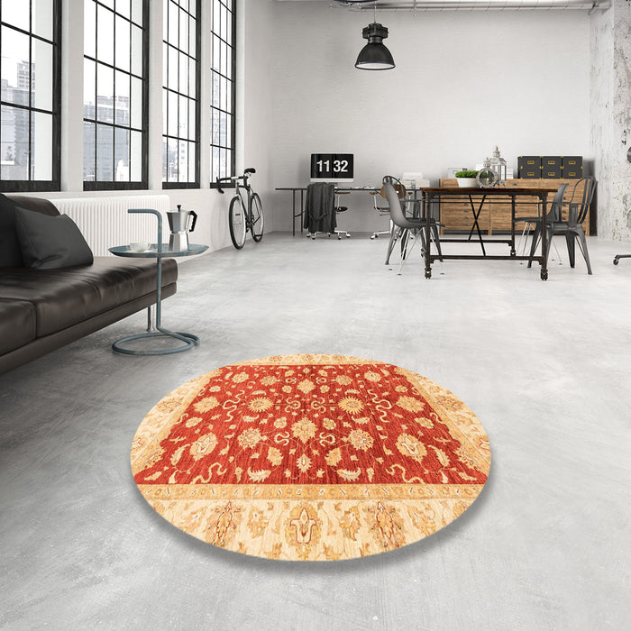 Round Abstract Orange Red Oriental Rug in a Office, abs3504