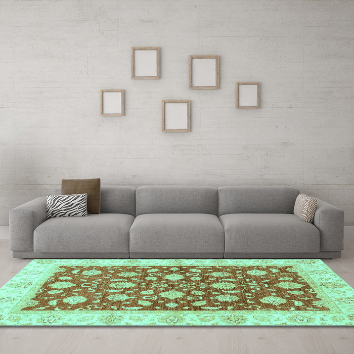 Machine Washable Oriental Turquoise Traditional Area Rugs in a Living Room,, wshabs3504turq