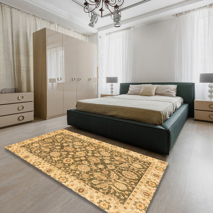 Abstract Dark Bisque Brown Oriental Rug in a Bedroom, abs3506