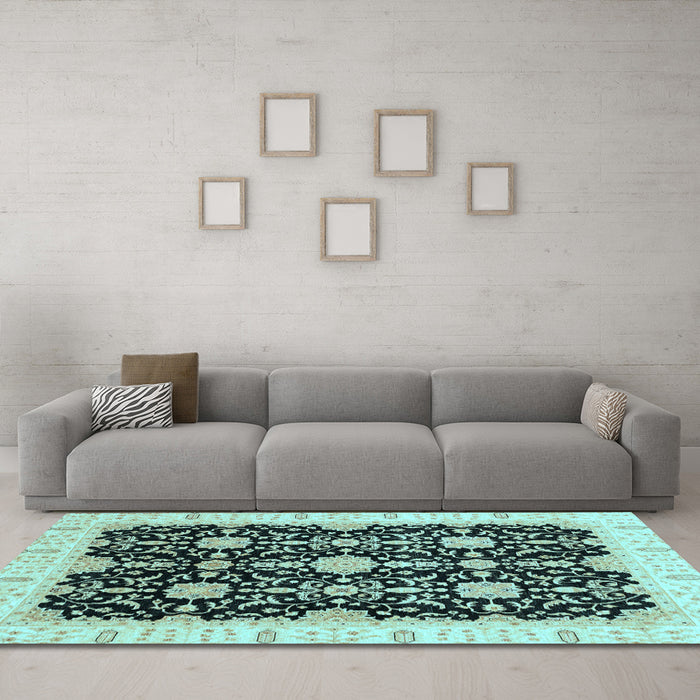 Machine Washable Oriental Light Blue Traditional Rug in a Living Room, wshabs3507lblu
