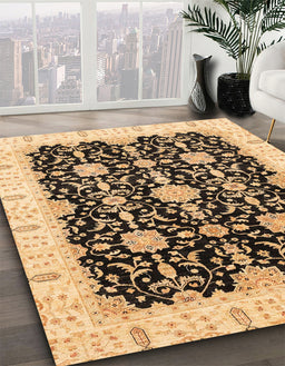 Abstract Chrome Gold Yellow Oriental Rug in Family Room, abs3507