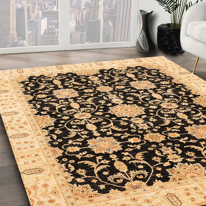 Abstract Chrome Gold Yellow Oriental Rug in Family Room, abs3507