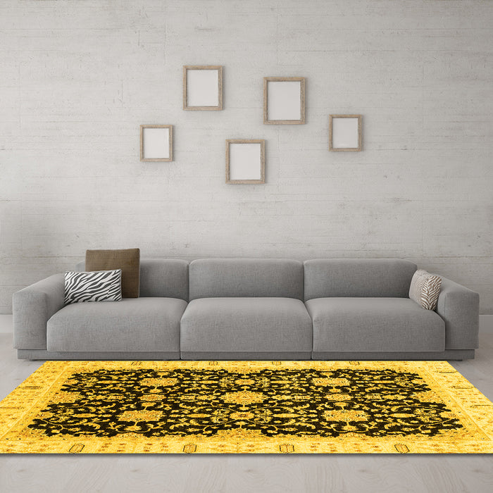 Machine Washable Oriental Yellow Traditional Rug in a Living Room, wshabs3507yw