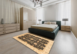 Abstract Chrome Gold Yellow Oriental Rug in a Bedroom, abs3507