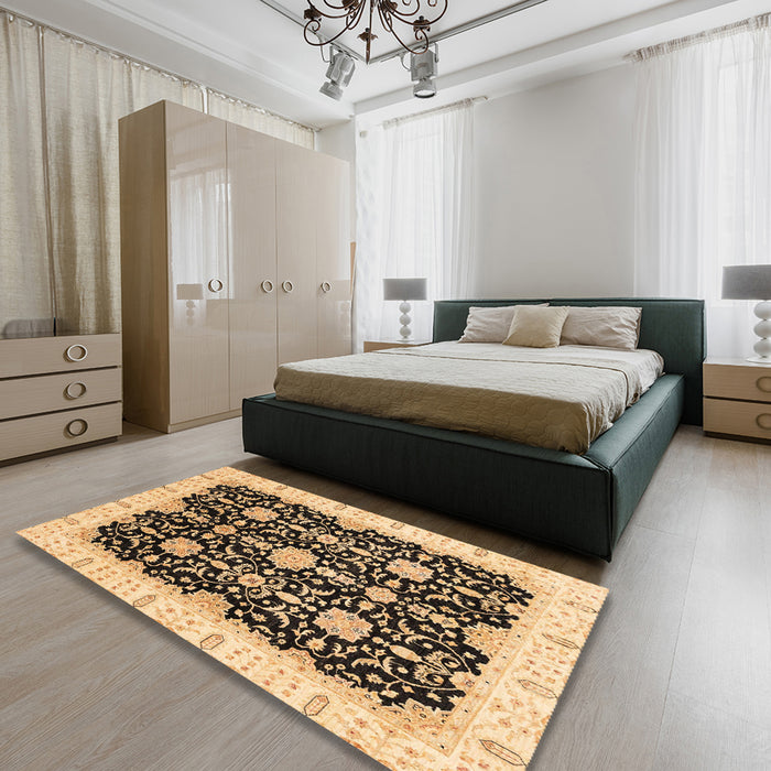 Abstract Chrome Gold Yellow Oriental Rug in a Bedroom, abs3507