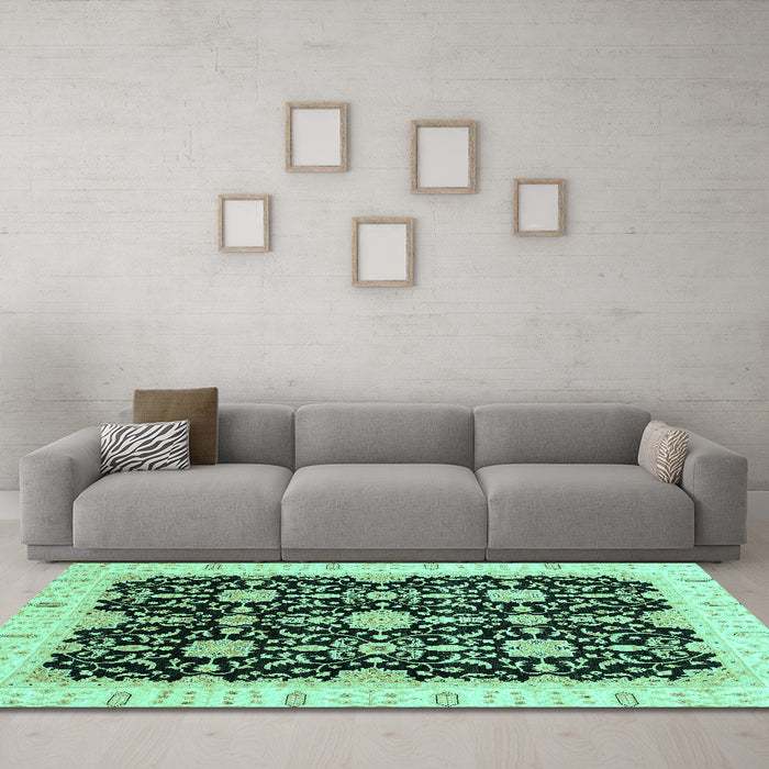 Machine Washable Oriental Turquoise Traditional Area Rugs in a Living Room,, wshabs3507turq