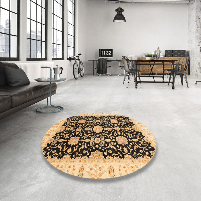 Round Machine Washable Abstract Chrome Gold Yellow Rug in a Office, wshabs3507