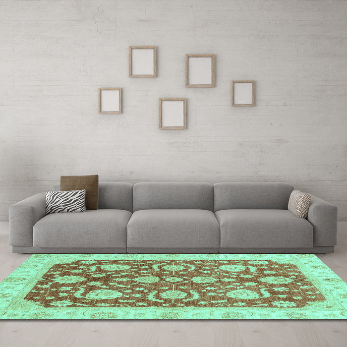 Machine Washable Oriental Turquoise Traditional Area Rugs in a Living Room,, wshabs3509turq