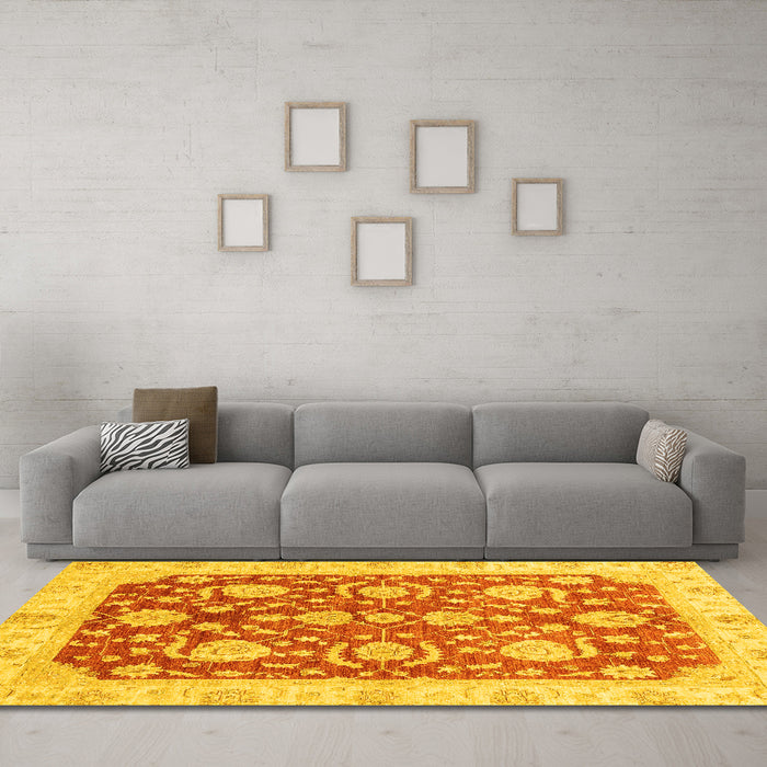 Machine Washable Oriental Yellow Traditional Rug in a Living Room, wshabs3509yw