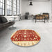 Round Machine Washable Abstract Mustard Yellow Rug in a Office, wshabs350