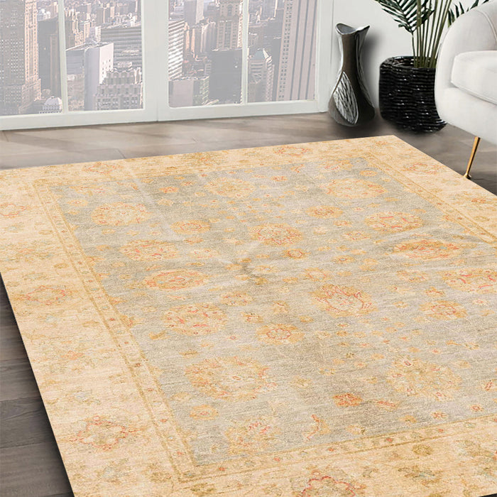 Abstract Brown Gold Oriental Rug in Family Room, abs3510