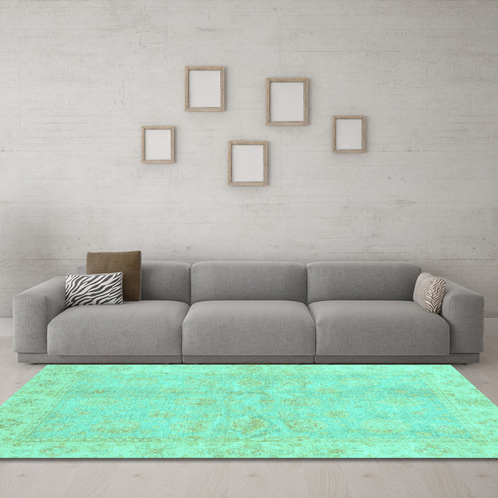 Machine Washable Oriental Turquoise Traditional Area Rugs in a Living Room,, wshabs3510turq