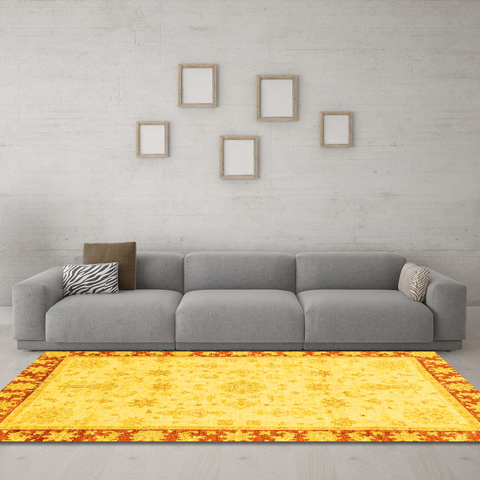 Machine Washable Oriental Yellow Traditional Rug in a Living Room, wshabs3511yw