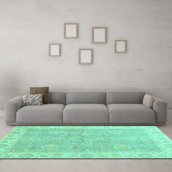 Machine Washable Oriental Turquoise Traditional Area Rugs in a Living Room,, wshabs3512turq